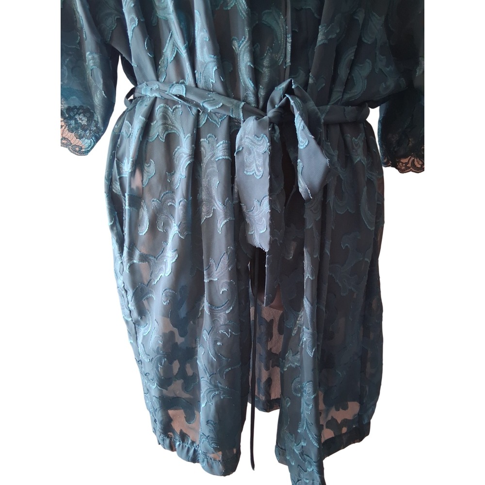 Fredericks of Hollywood Teal Sheer Mesh Lace Trim Robe Damask Scroll Vintage L‎ - Picture 11 of 12